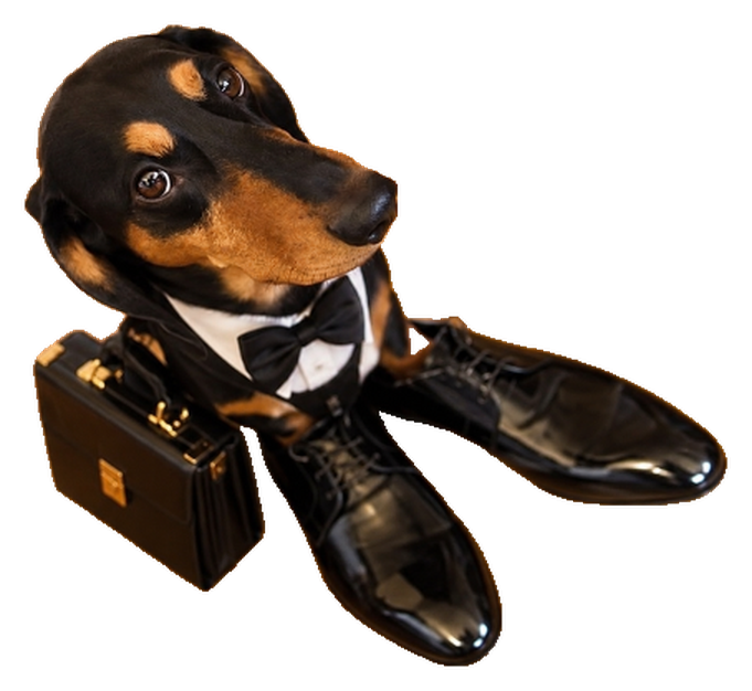 Barkstreet in his bow tie, paws in two patent shoes, briefcase at his side