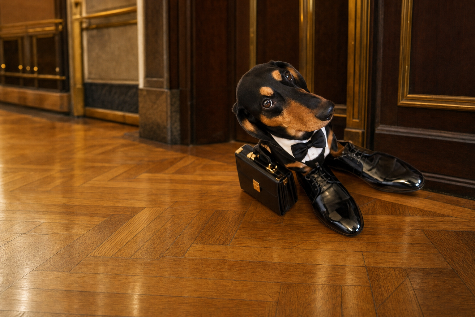 Barkstreet, a dachshund in a bow tie and polished shoes, sitting with his black briefcase on the parquet of the old exchange